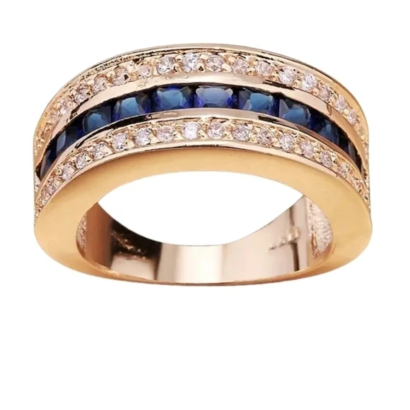 Classic blue rhinestones inlaid center , each side white clear rhinestone Size 8 - Picture 1 of 8